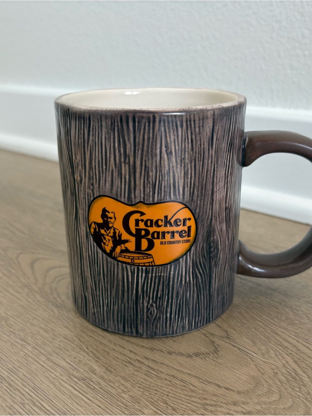 Cracker Barrel Woodgrain-Style Ceramic Mug with Orange Logo - Large